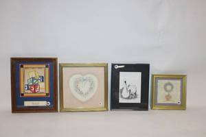 lot 4 image: Set of 4 Framed Artworks Featuring Heart, Floral, and Block Designs