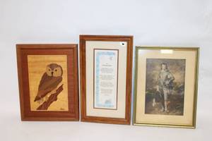 lot 6 image: Set of 3 Framed Artworks and Poetry Including Owl Inlay, Christian Poetry, and Classical Print