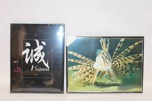 lot 8 image: Set of 2 Framed Art Pieces Lionfish Photograph and Calligraphy Art