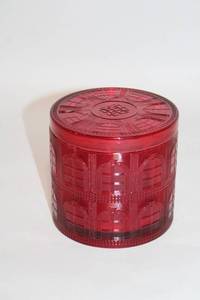 lot 32 image: Vintage Red Glass Lidded Jar with Intricate Design