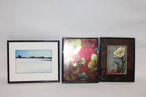 lot 34 image: Set of 3 Framed Art Prints with Floral and Winter Landscape Themes