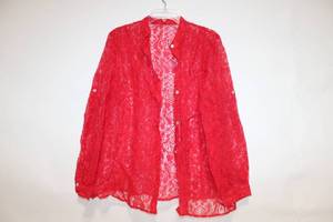lot 189 image: Red Sheer Lace Long Sleeve Blouse with Button Details