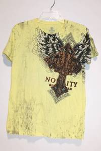 lot 199 image: Mens Yellow T-Shirt with Winged Cross Design, Size S