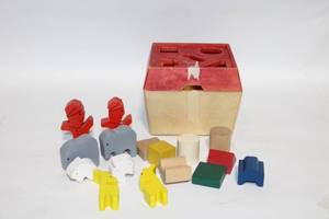 lot 216 image: Vintage Wooden Shape Sorter Toy Set with Box