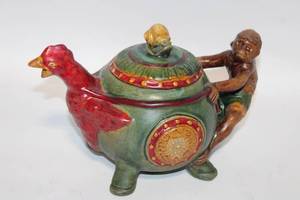 lot A-249 image: Vintage Majolica Teapot with Bird and Monkey Design
