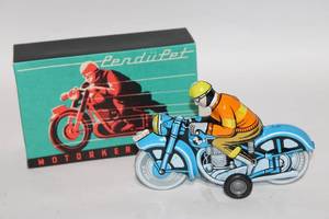 Vintage Tin Wind-Up Motorcycle Toy with Original Box