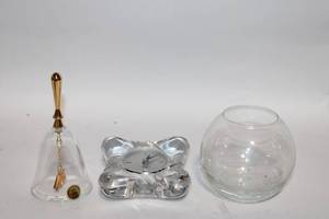 lot 295 image: Set of 3 Decorative Glass Items Crystal Clock, Fish Bowl, and 40th Anniversary Bell