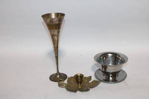 lot 296 image: Mixed Metal Decorative Set Including Chalice, Leaf Candle Holder, and Bowl