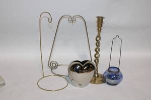 lot 325 image: Decorative Set with Heart-Shaped Vase, Candle Holder, and Metal Stands