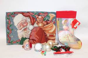 lot 394 image: Christmas Decor Collection with Tapestry, Stocking, and Holiday Ornaments