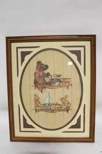 lot 397 image: Framed B. Sienkiewicz Art Print with Teddy Bear and Toy Trains
