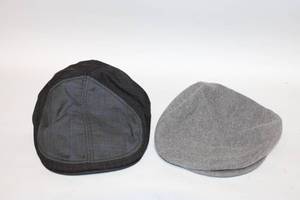 lot 430 image: Set of 2 Large Caps Wool Grey and Striped Black with Red Accents