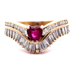 Ruby Heart & Diamond Double Row Chevron Ring in 14k Yellow Gold VIDEO