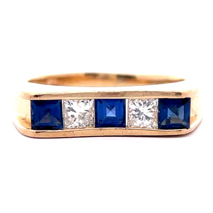0.40 Carat Diamond & Blue Sapphire Channel Square Top Ring in 14k Yellow Gold VIDEO