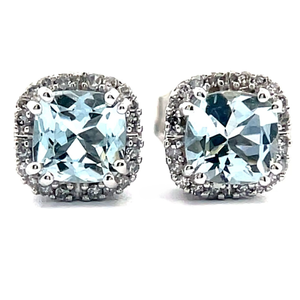 NEW Aquamarine & Pav Diamond Cushion Halo Stud Earrings in White Gold VIDEO