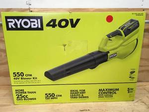 lot 41 image: RYOBI 40V 120 MPH 550 CFM Cordless Battery Blower With 4.0 Ah Battery and Charger Model # RY40LB01