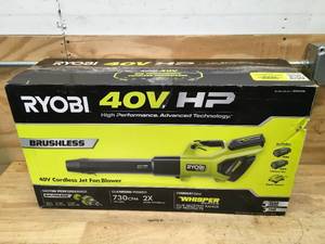 lot 42 image: RYOBI 40V HP Brushless Whisper Series 190 MPH 730 CFM Cordless Battery Jet Fan Leaf Blower with (2) 4.0 Ah Batteries Model # RY404010VNM