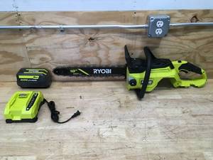 lot 22 image: RYOBI 40V HP Brushless 18 Cordless Battery Powered Chainsaw with 6Ah Battery and Charger Model # RY40HPCW01