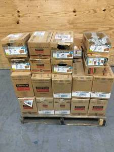 lot 18 image: Pallet of Face-Mount Adjustable Light SlopeableSkewable Jack Hanger for 2x8 Nominal Lumber and CS 25 ft. 16-Gauge Galvanized Coiled Strap