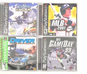 lot 447 image: Collection of 4 PlayStation Games MLB 2001, NFL GameDay 99, Driver, SnoCross Championship Racing