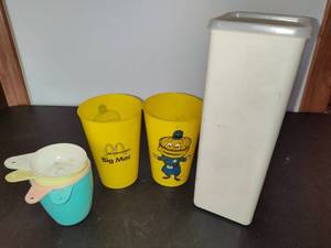 lot 145 image: Vintage McDonald Cups, Measuring Cups & Tupperware ButterCheese Keeper with Lid