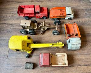Vintage Structo Toy Construction Crane, Grader and Toy Trucks