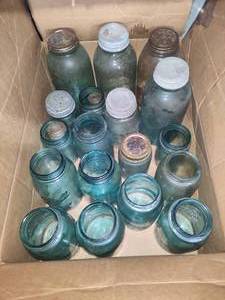 lot 213 image: Large Lot of Canning & Asst Jars - Many Blue Ball Jars