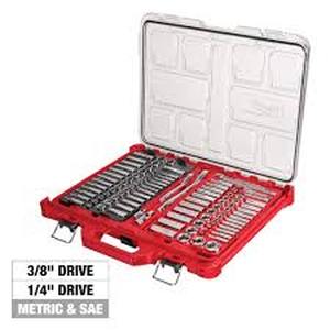 lot 18 image: Milwaukee 38 in. and 14 in. Drive SAEMetric Ratchet and Socket Mechanics Tool Set wPACKOUT Case (106-Piece) & Mounting Plate Customer Returns See Pictures