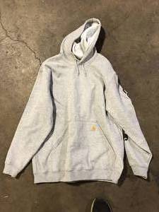 lot 32 image: Carhartt Mens Extra Large Heather GrayBlack CottonPolyester Midweight Signature Sleeve Logo Sweatshirt Hooded Customer Returns See Pictures