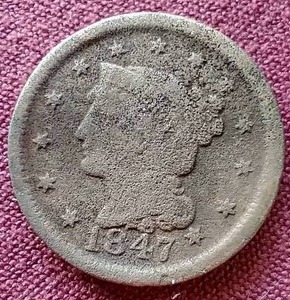lot 25 image: 1847 Braided Hair Large Cent Coin