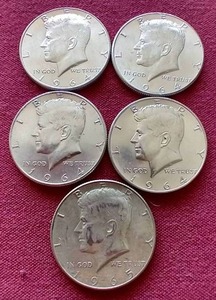 lot 42 image: (5) Silver Kennedy Half Dollars