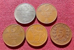 lot 87 image: (5) Vintage Norwegian 5 Ore Coins