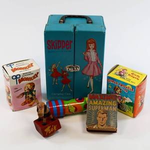 lot 22 image: Vintage Misc. Toy Lot - Skipper, Mechanical Girls Tricycle Toy, Monkey w Cymbals