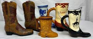 lot 39 image: Vintage Cowboy Boot Mugs and Decorative 8 Boots