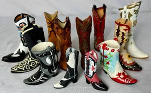 lot 40 image: Decorative Cowboy Boot Collection - 10 boots and 1 set of Salt and Pepper Shakers