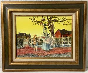 lot 100 image: Mother and Daughter Picking Apples 1970s Original Oil Certified