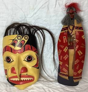 lot 166 image: Wood Tribal Hawk Mask and Medium Dancer Spirit