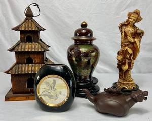 lot 119 image: Oriental Collection - Statute 10 H , Urn, Teapot, Crane Vase and Pagoda