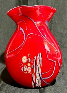 Large Red Murano Glass Millefiori and Murine Vase 12.5" H