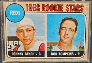 lot 6 image: 1968 Rookie Stars Johnny Bench and Ron Tompkins Topps Baseball Card #247