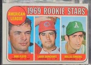 lot 7 image: 1969 American League Rookie Stars Bob Floyd, Larry Burchart, Rollie Fingers Baseball Card Topps #597