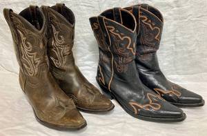 lot 71 image: Sonora Double H Womens GoldBrown Leather Stitched Size 7.5 and Coldwater Creek Heeled Western Cowboy Boots size 8