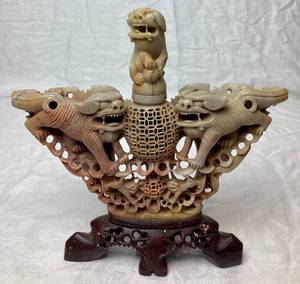 lot 90 image: Vintage Hand Carved Soapstone Incense Burner featuring Foo Dogs