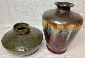 lot 37 image: Glazed Pottery Vase and Plant Pot in Rich Colors