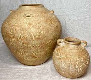 lot 121 image: Set of Vintage Clay Pottery with Embossed Floral and Geometric Patterns