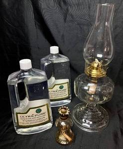 lot 115 image: Antique Glass Oil Lamp Bundle - Queen Anne No. 2 and Rubicon Lamp plus Lamp Oil