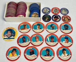 lot 171 image: Collection of 1985 & 1986 7-ELEVEN Holographic Super Star Sport Coins & King-B Quality Meat Snack Collector Coins