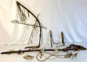 lot 198 image: Navajo Collection - Bow & Arrow Wall Hanging, Spear, Flute