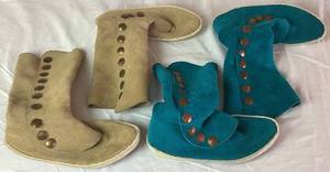 lot 220 image: Vintage Hand Made Cowhide Moccasin Boots - 2 Pairs Cream and Turquoise - Size 7.5