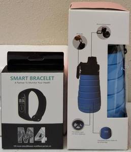 lot 19 image: NEW (1) M4 Smart Bracelet - HD Color Screen  Message View  45 Day Battery Life & (1) Silicone Storage Collapsible Water Bottle - Blue Bottle with Black Lid (View Photos for more Details)